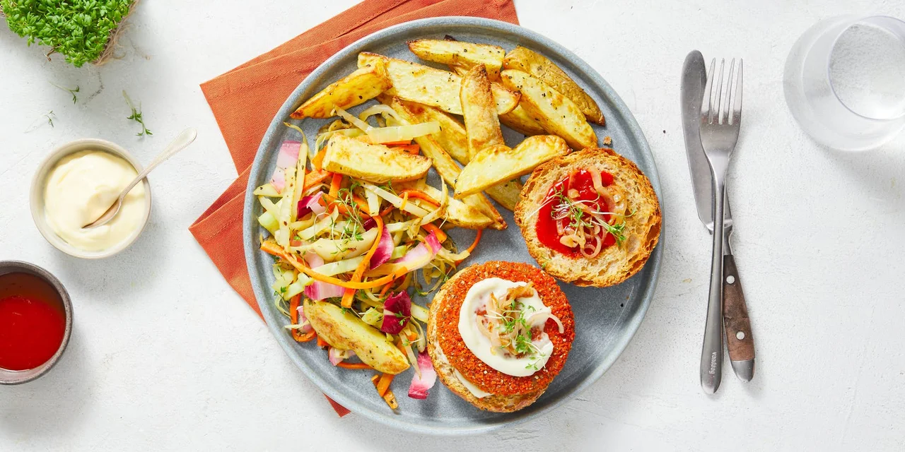 BOON chiliburger op een broodje met sjalot, gebakken Agria en geroerbakte wintergroenten en tuinkers