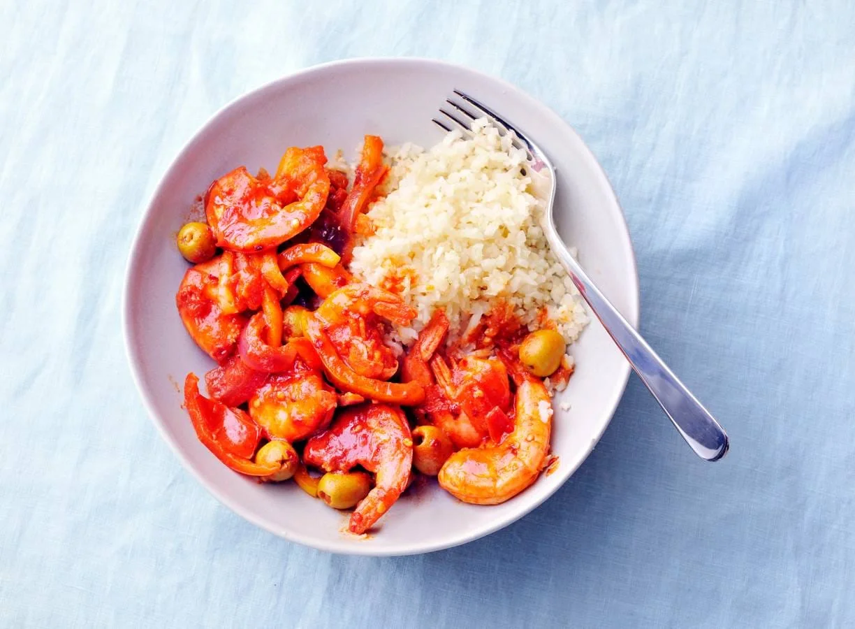 Bloemkoolrijst met garnalen en paprika