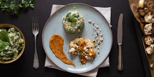 Bloemkoolsteaks met romescosaus en aardappel-paksoipuree
