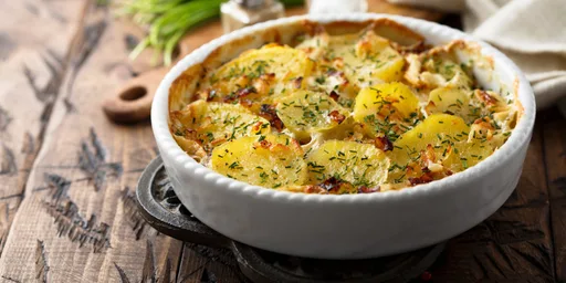 Aardappelgratin met heilbot en prei