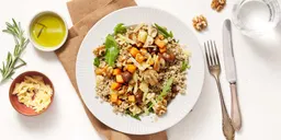 Boekweit met kastanje champignons, zoete aardappel, knolselderij, walnoten en kruidenolie van Abma