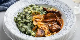 Boerenkoolstamppot met vegan hachee