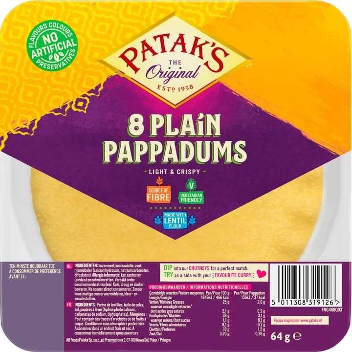 Patak's Pappadums Naturel Kant-en-Klaar 8 Stuks 64 g