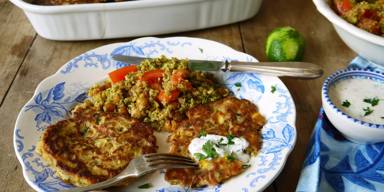 Boekweit mais pannenkoekjes met broccoli couscous & tomaat