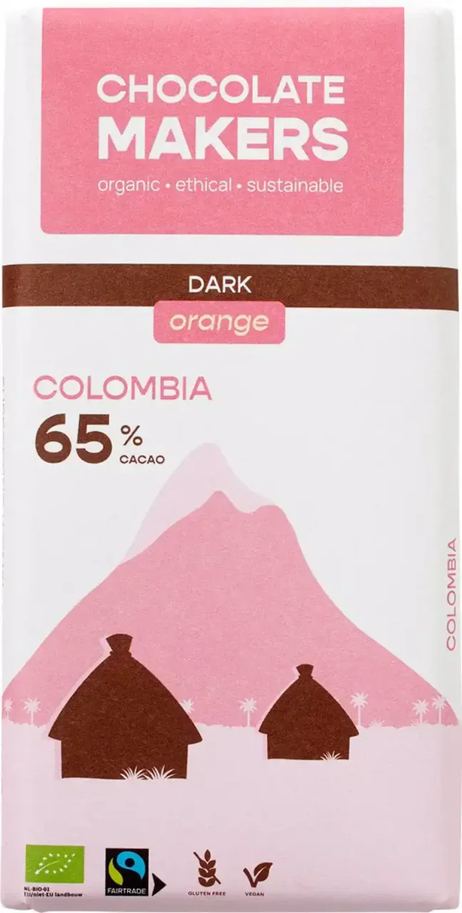 Pure chocolade Colombia 65% cacao sinaasappel