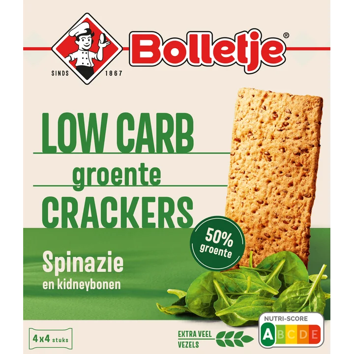 Bolletje Low Carb Groente Crackers Spinazie en Kidneybonen 4 x 4 Stuks 200 g