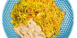 Bloemkoolnasi met kipsaté en atjar