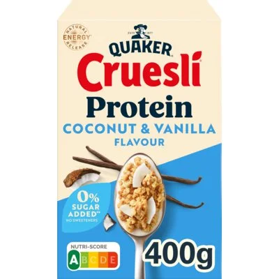 Quaker Cruesli protein coconut & vanilla smaak