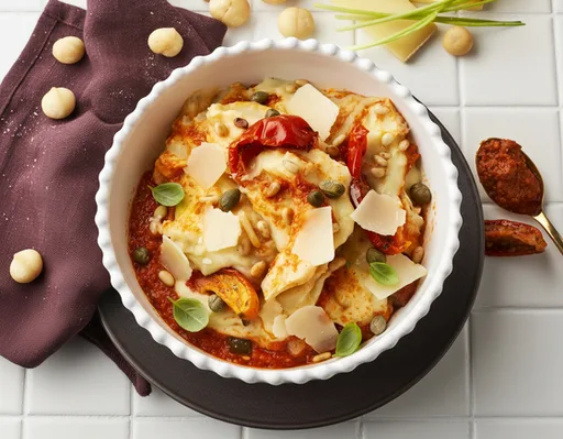 Aardappelpuree met pijnboompitjes en zongedroogde tomaatjes