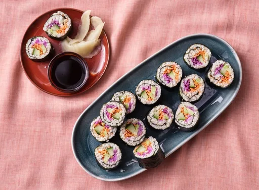 Bloemkoolrijst'sushi' met avocado, rodekool, komkommer en peen