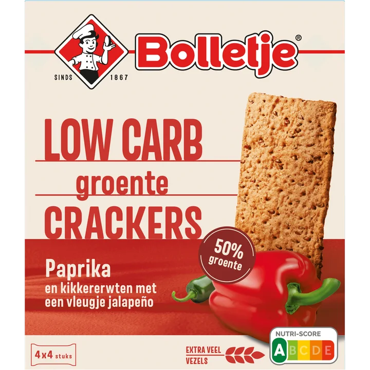 Bolletje Low Carb Groentecrackers Paprika Jalapeño 4 x 4 Stuks 200 g