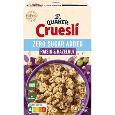 Quaker Cruesli raisin hazelnut zero sugar added