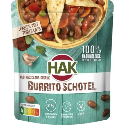 HAK mild Mexicaans gekruid Burrito schotel met kidneybonen, wortel & doperwten 550g