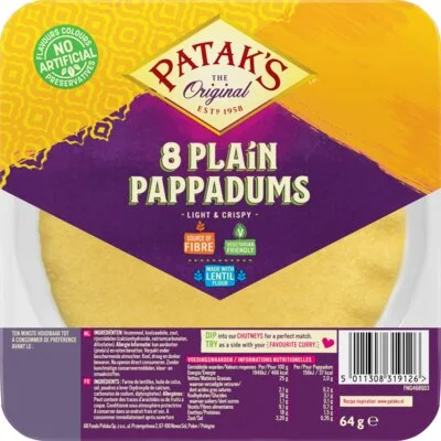 Patak's Pappadums Naturel Kant-en-Klaar 8 Stuks 64 g