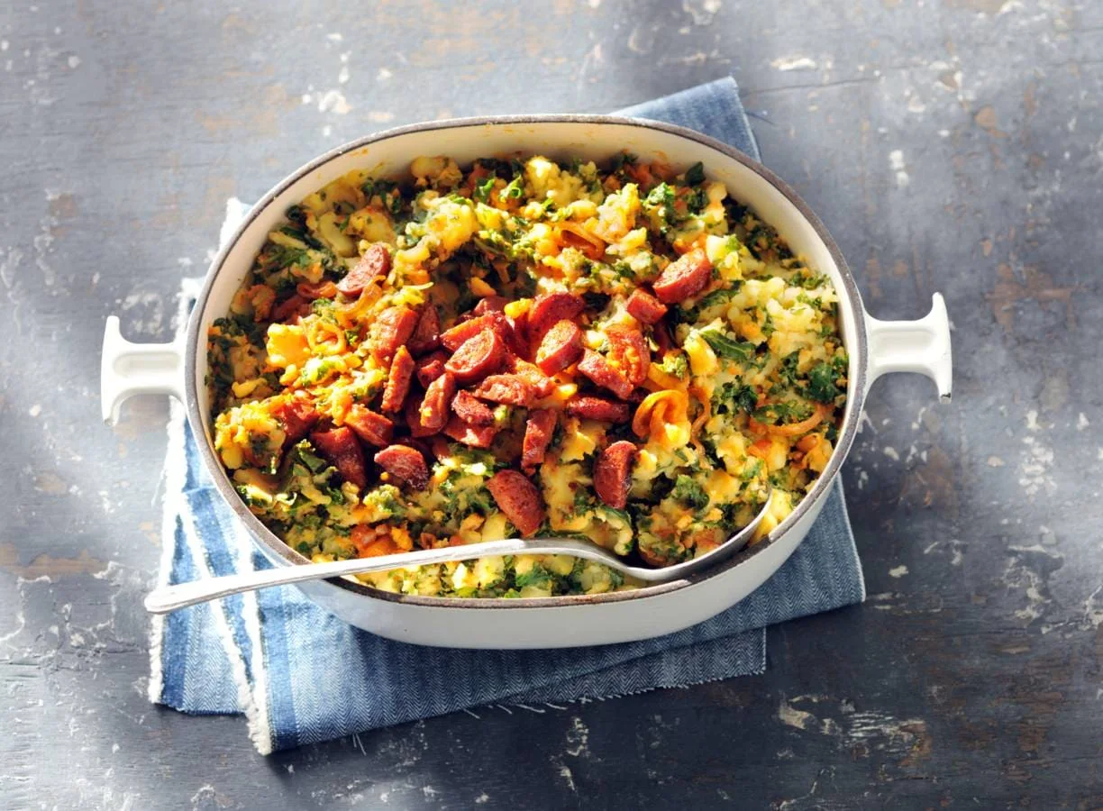 Boerenkool-stamppot met uitgebakken chorizo