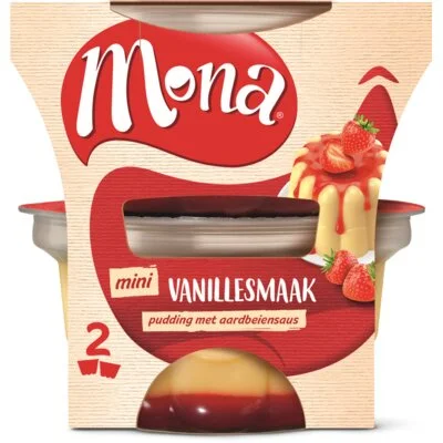 Mona Pudding vanille met aardbeiensaus duo